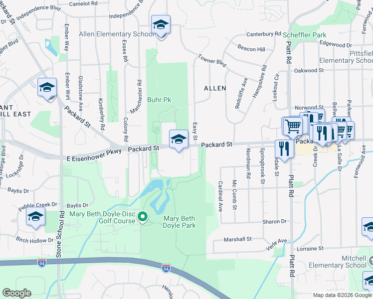 map of restaurants, bars, coffee shops, grocery stores, and more near 3006 Woodmanor Court in Ann Arbor