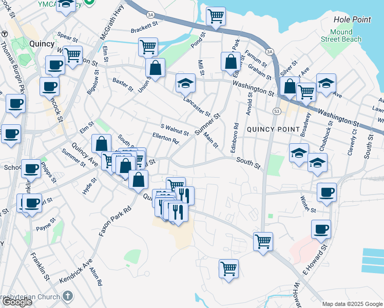 map of restaurants, bars, coffee shops, grocery stores, and more near 21 Sumner Street in Quincy
