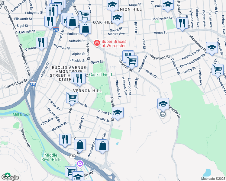 map of restaurants, bars, coffee shops, grocery stores, and more near 159 Providence Street in Worcester