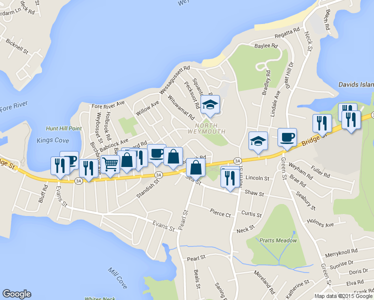 map of restaurants, bars, coffee shops, grocery stores, and more near 26-28 Bursley Road in Weymouth