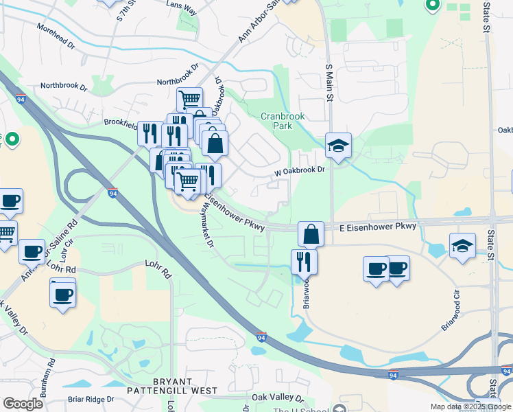 map of restaurants, bars, coffee shops, grocery stores, and more near 760 West Eisenhower Parkway in Ann Arbor