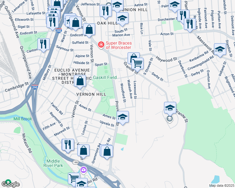 map of restaurants, bars, coffee shops, grocery stores, and more near 159 Providence Street in Worcester