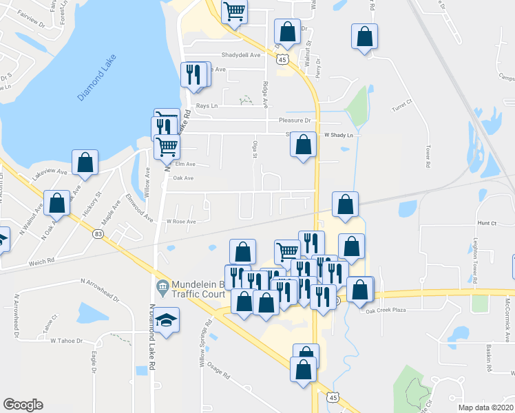 map of restaurants, bars, coffee shops, grocery stores, and more near 1471 Pauline Circle in Mundelein