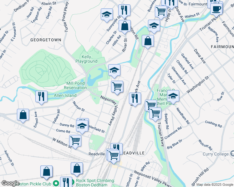 map of restaurants, bars, coffee shops, grocery stores, and more near 1 Westinghouse Plaza in Boston