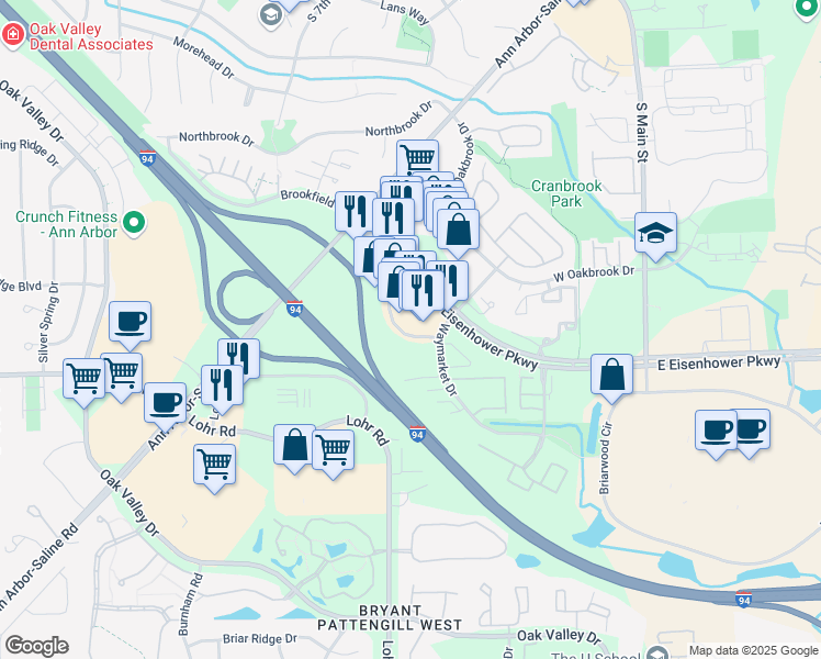 map of restaurants, bars, coffee shops, grocery stores, and more near 873 West Eisenhower Circle in Ann Arbor