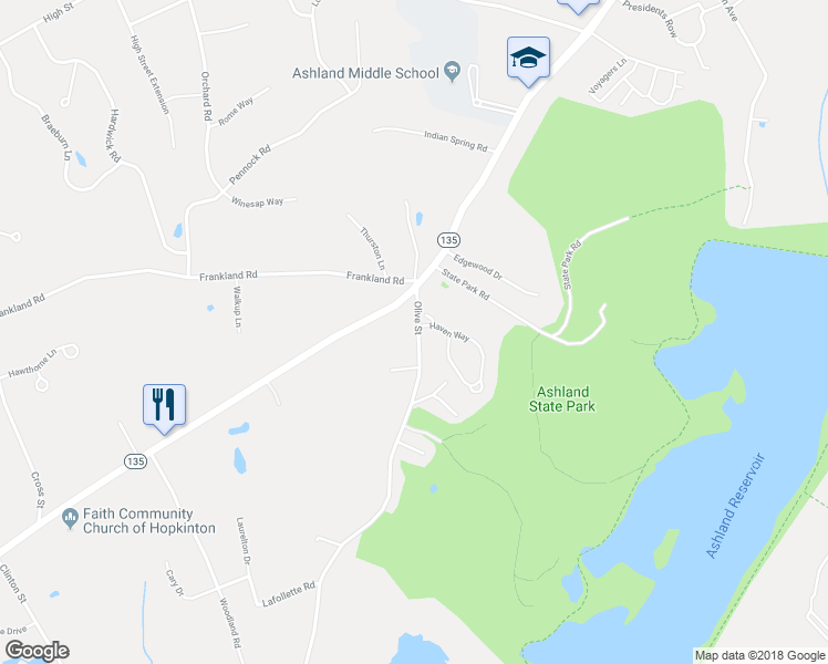 map of restaurants, bars, coffee shops, grocery stores, and more near 21 Olive Street in Ashland