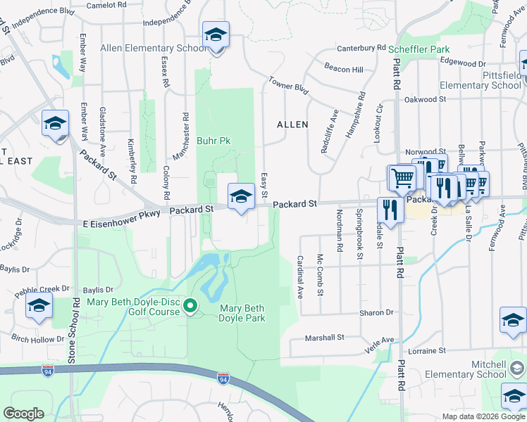 map of restaurants, bars, coffee shops, grocery stores, and more near 3006 Woodmanor Court in Ann Arbor