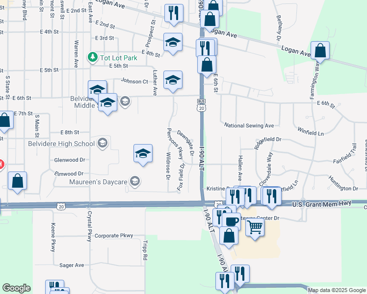 map of restaurants, bars, coffee shops, grocery stores, and more near 1312 Perrsons Parkway in Belvidere