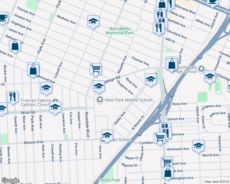 map of restaurants, bars, coffee shops, grocery stores, and more near 2359 Detroit Avenue in Lincoln Park