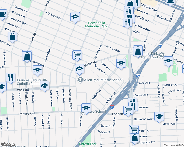 map of restaurants, bars, coffee shops, grocery stores, and more near 2359 Detroit Avenue in Lincoln Park