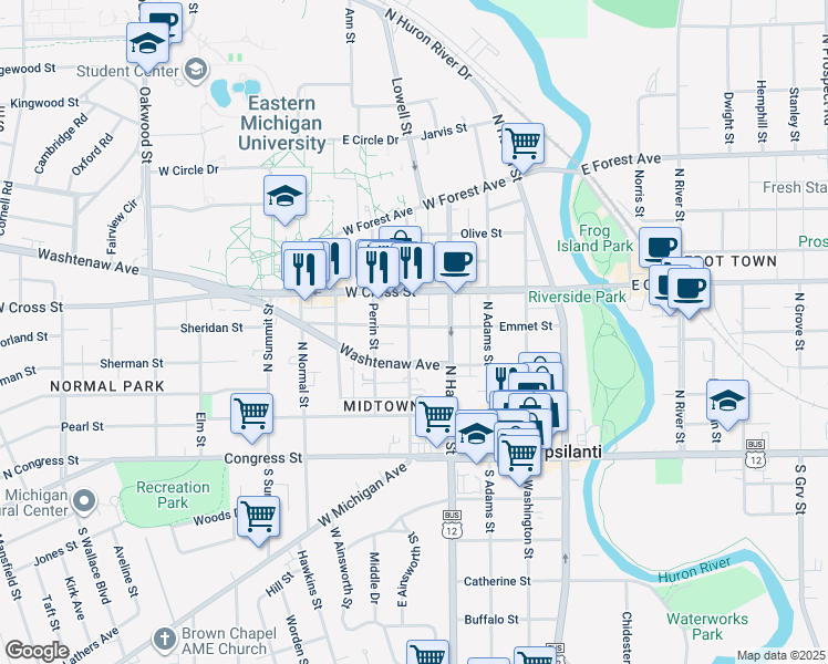 map of restaurants, bars, coffee shops, grocery stores, and more near 421 Emmet Street in Ypsilanti