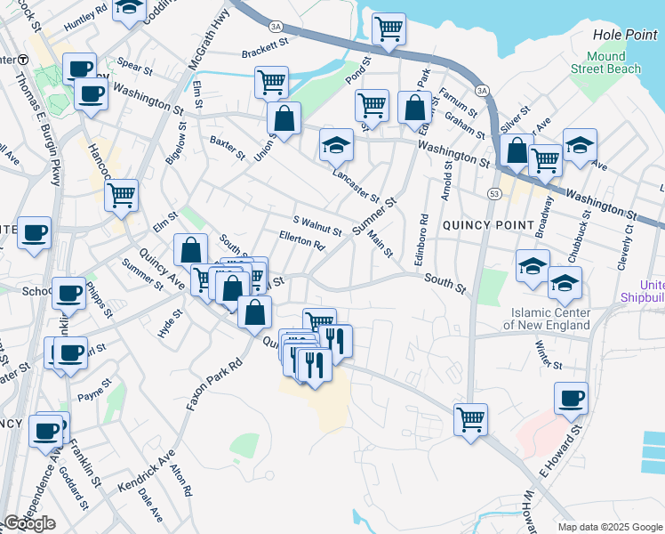 map of restaurants, bars, coffee shops, grocery stores, and more near 21 Sumner Street in Quincy