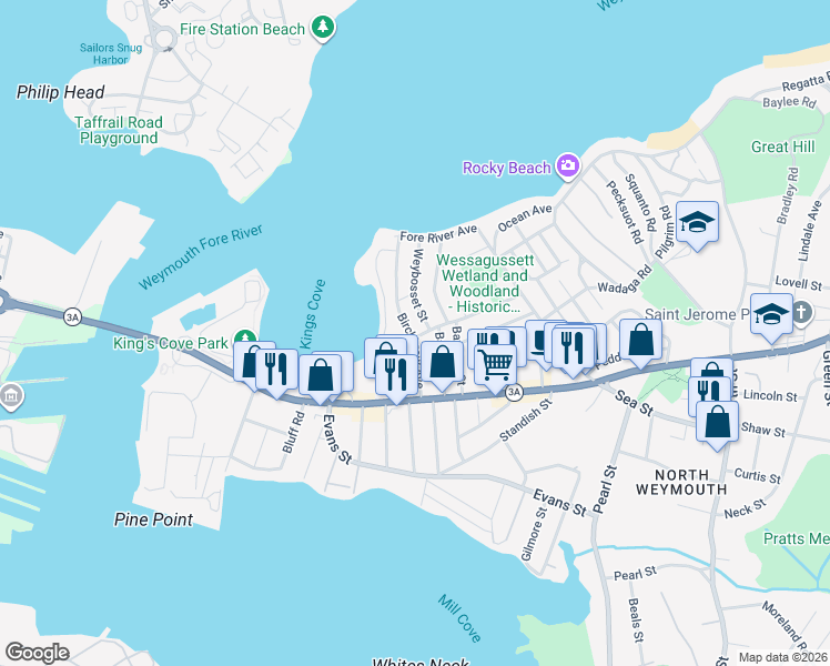 map of restaurants, bars, coffee shops, grocery stores, and more near 95 Babcock Avenue in Weymouth