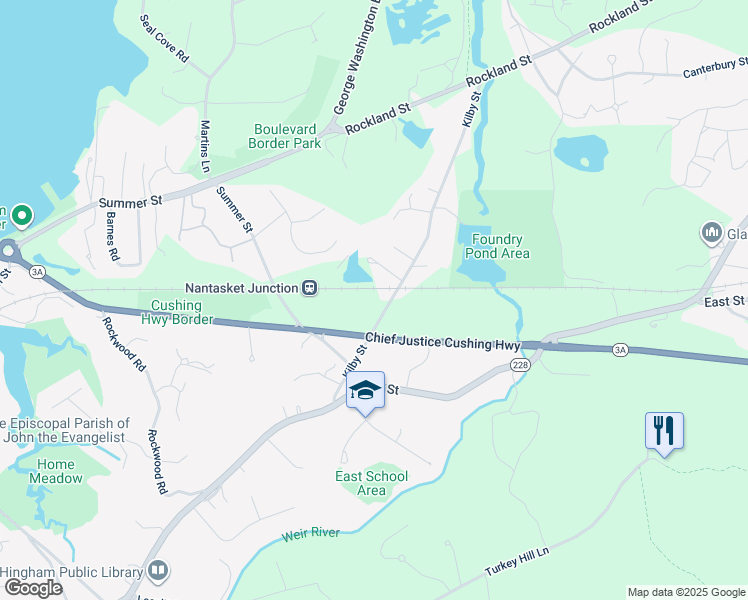 map of restaurants, bars, coffee shops, grocery stores, and more near 30 Kilby Street in Hingham