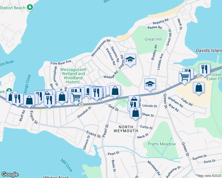 map of restaurants, bars, coffee shops, grocery stores, and more near 26-28 Bursley Road in Weymouth