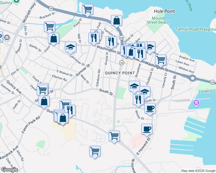 map of restaurants, bars, coffee shops, grocery stores, and more near 21 Ruggles Street in Quincy