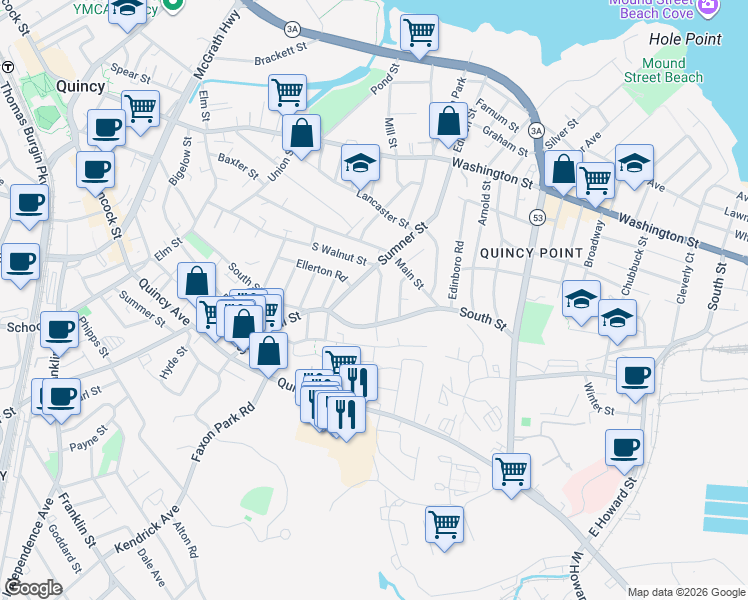 map of restaurants, bars, coffee shops, grocery stores, and more near 21 Sumner Street in Quincy
