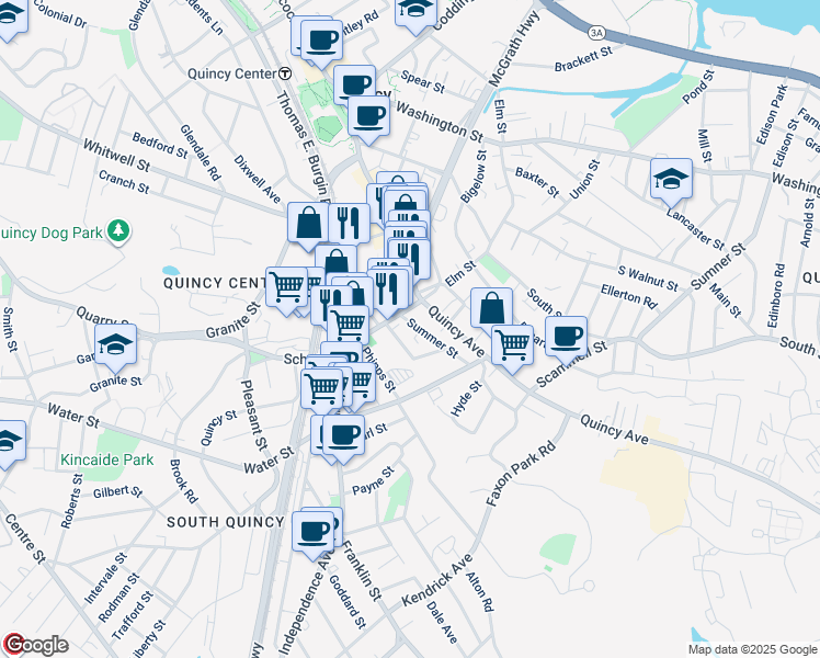 map of restaurants, bars, coffee shops, grocery stores, and more near 10 Gay Street in Quincy