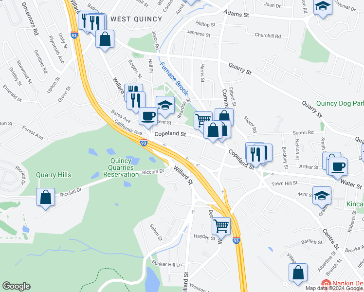 map of restaurants, bars, coffee shops, grocery stores, and more near 15 Furnace Avenue in Quincy