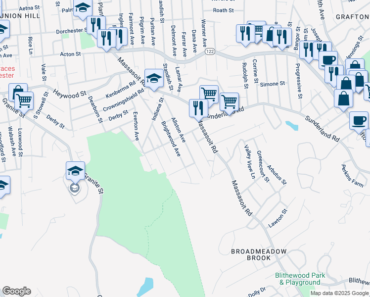 map of restaurants, bars, coffee shops, grocery stores, and more near 47 Brightwood Avenue in Worcester