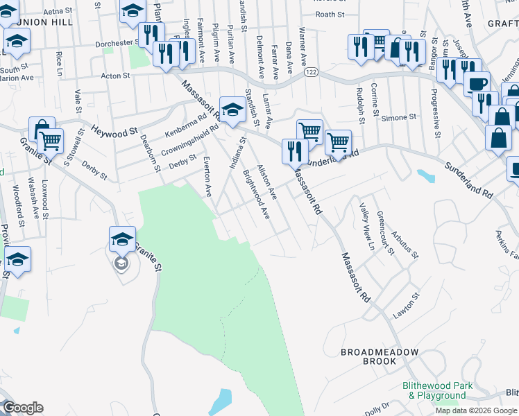 map of restaurants, bars, coffee shops, grocery stores, and more near 47 Brightwood Avenue in Worcester