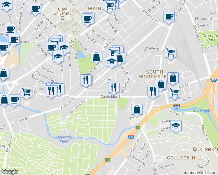 map of restaurants, bars, coffee shops, grocery stores, and more near 5 Hacker Court in Worcester