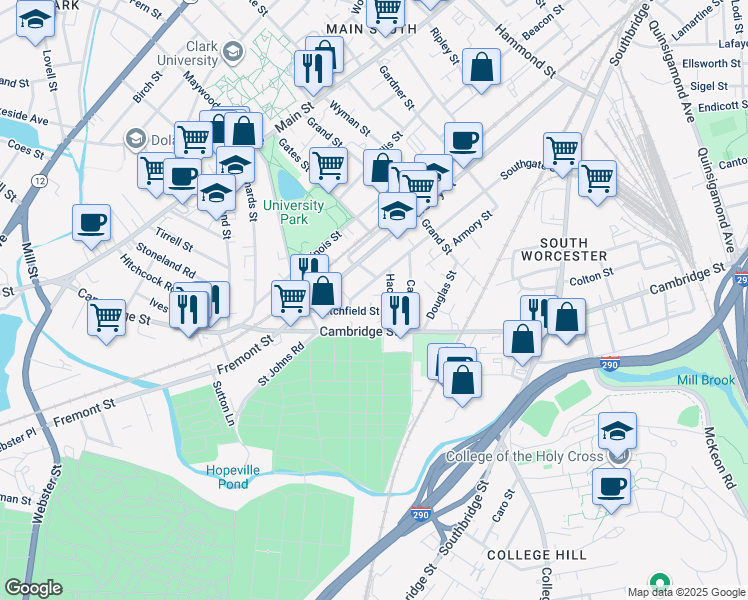 map of restaurants, bars, coffee shops, grocery stores, and more near 5 Hacker Court in Worcester