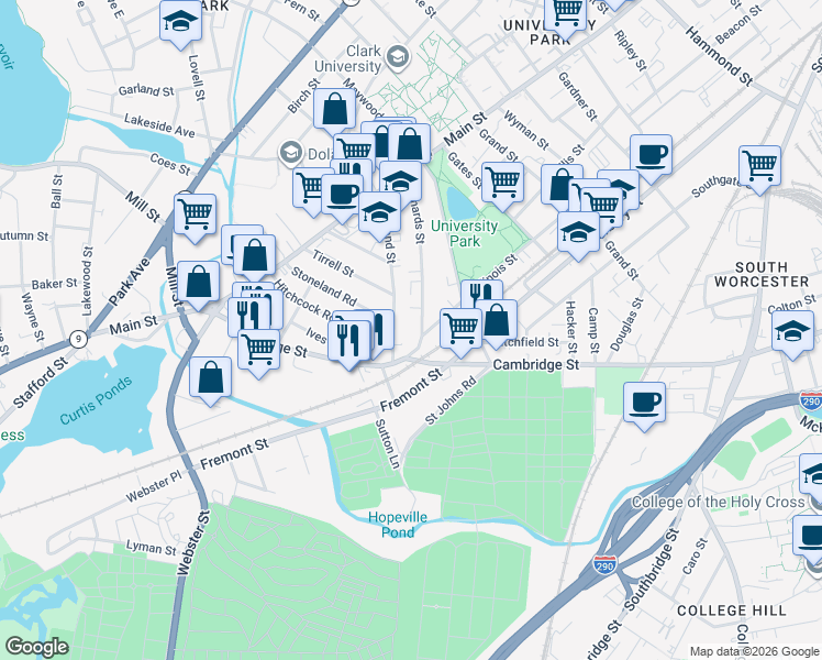 map of restaurants, bars, coffee shops, grocery stores, and more near 51 Freeland Terrace in Worcester