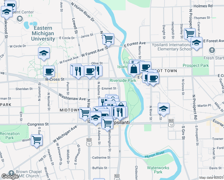 map of restaurants, bars, coffee shops, grocery stores, and more near 216 North Washington Street in Ypsilanti