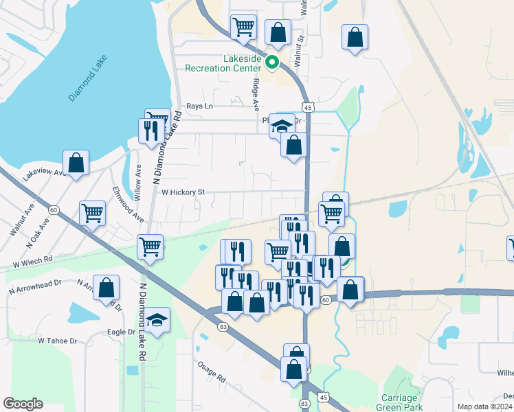 map of restaurants, bars, coffee shops, grocery stores, and more near 1471 Pauline Circle in Mundelein