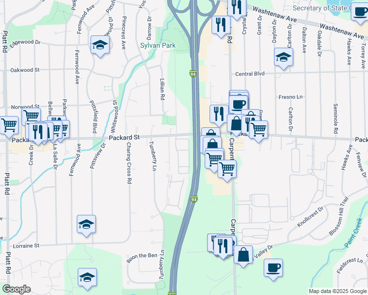 map of restaurants, bars, coffee shops, grocery stores, and more near 3810 Packard Street in Ann Arbor