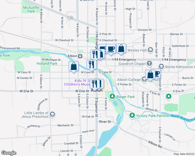 map of restaurants, bars, coffee shops, grocery stores, and more near 123 South Superior Street in Albion