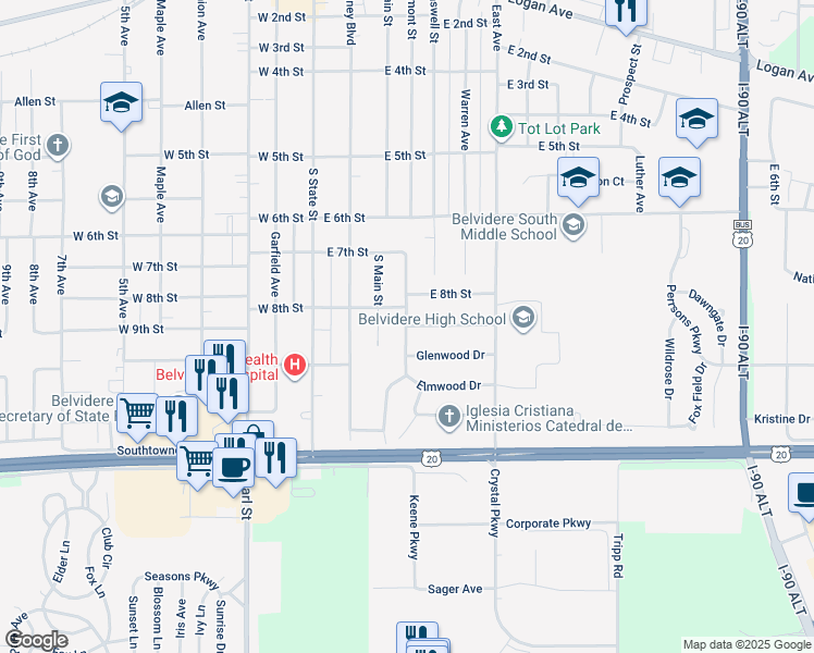 map of restaurants, bars, coffee shops, grocery stores, and more near 236 Highland Street in Belvidere