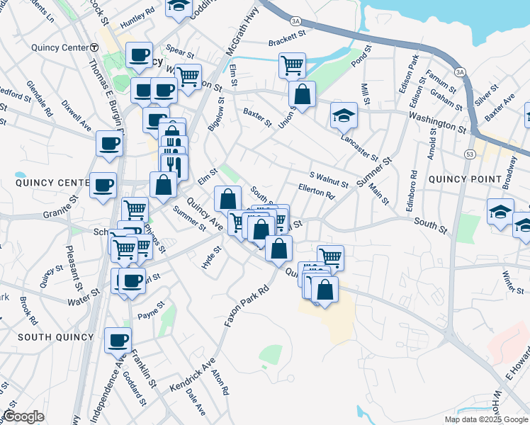 map of restaurants, bars, coffee shops, grocery stores, and more near 75 South Street in Quincy