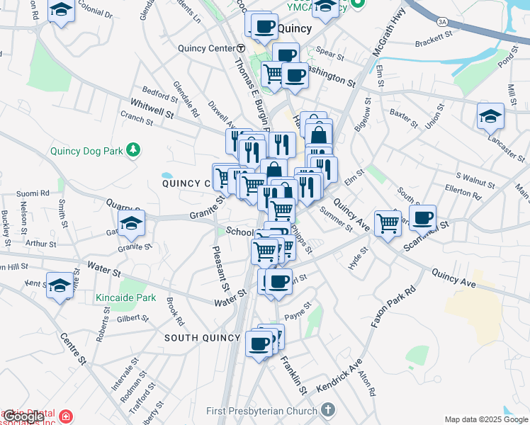 map of restaurants, bars, coffee shops, grocery stores, and more near 95 School St in Quincy