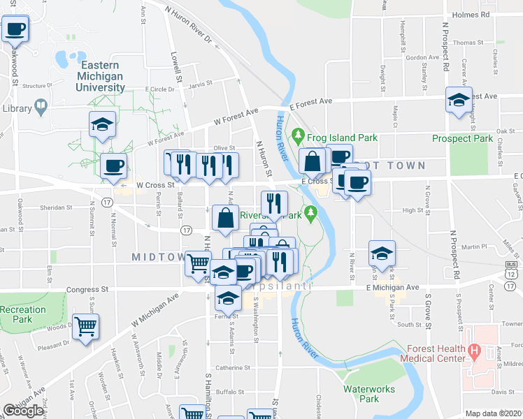 map of restaurants, bars, coffee shops, grocery stores, and more near 218 North Washington Street in Ypsilanti