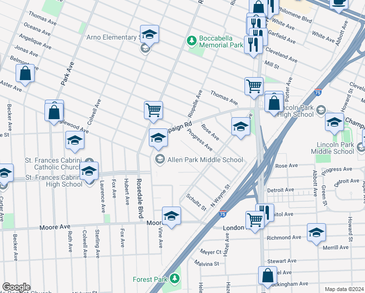 map of restaurants, bars, coffee shops, grocery stores, and more near 2363 Detroit Avenue in Lincoln Park