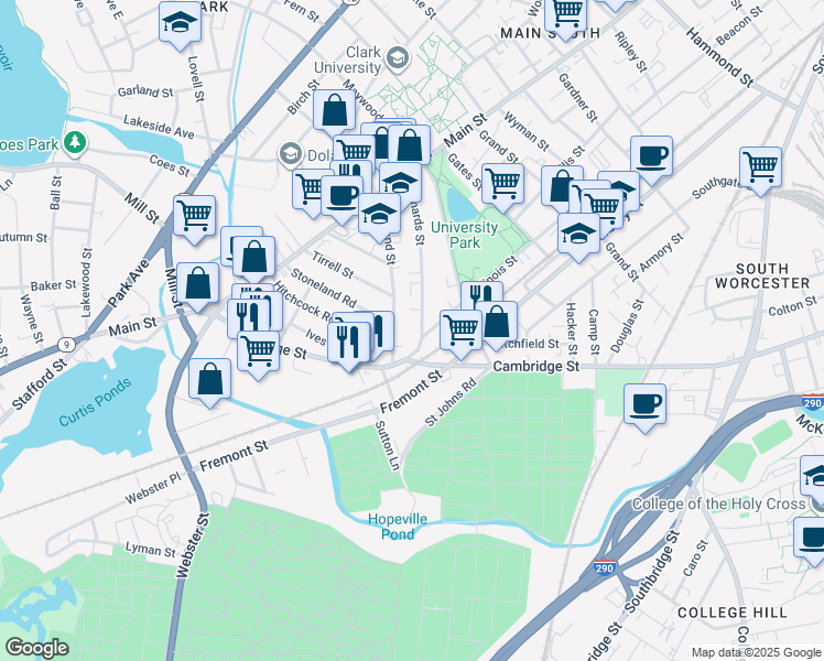 map of restaurants, bars, coffee shops, grocery stores, and more near 51 Freeland Terrace in Worcester