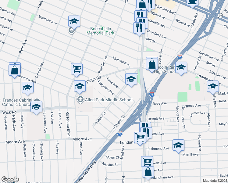 map of restaurants, bars, coffee shops, grocery stores, and more near 2928 Bailey Avenue in Lincoln Park