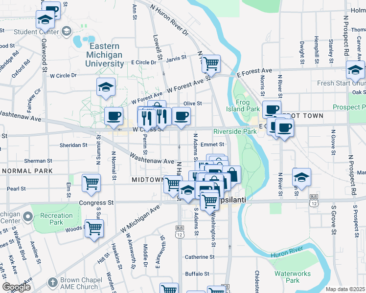 map of restaurants, bars, coffee shops, grocery stores, and more near 220 North Hamilton Street in Ypsilanti