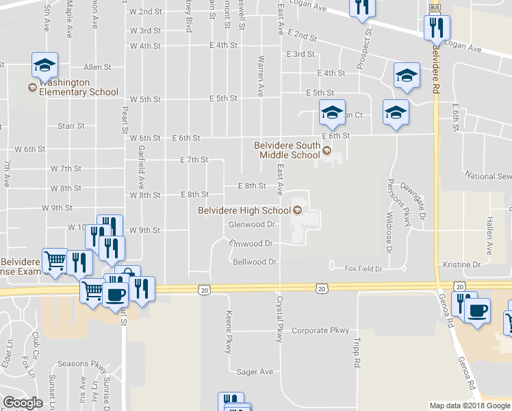 map of restaurants, bars, coffee shops, grocery stores, and more near 518 Highland Street in Belvidere