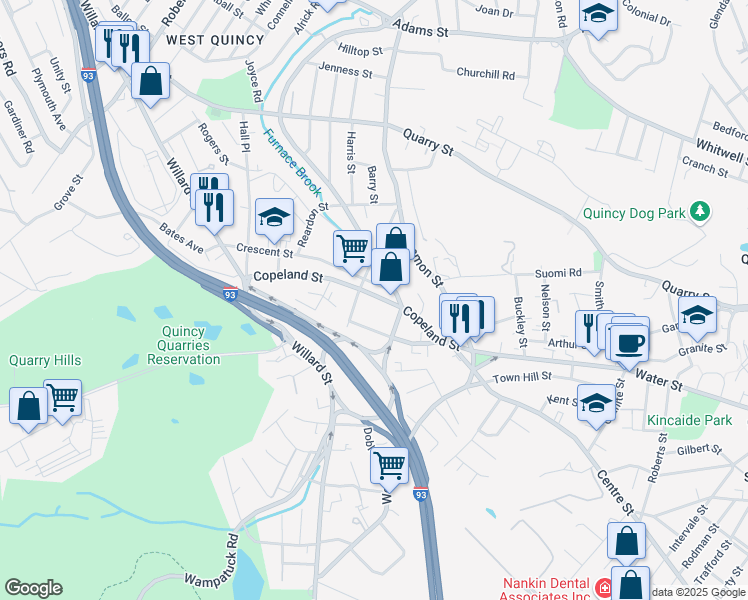 map of restaurants, bars, coffee shops, grocery stores, and more near 96 Cross Street in Quincy