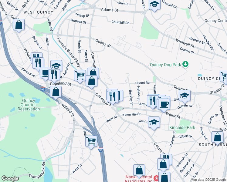 map of restaurants, bars, coffee shops, grocery stores, and more near 268 Common Street in Quincy