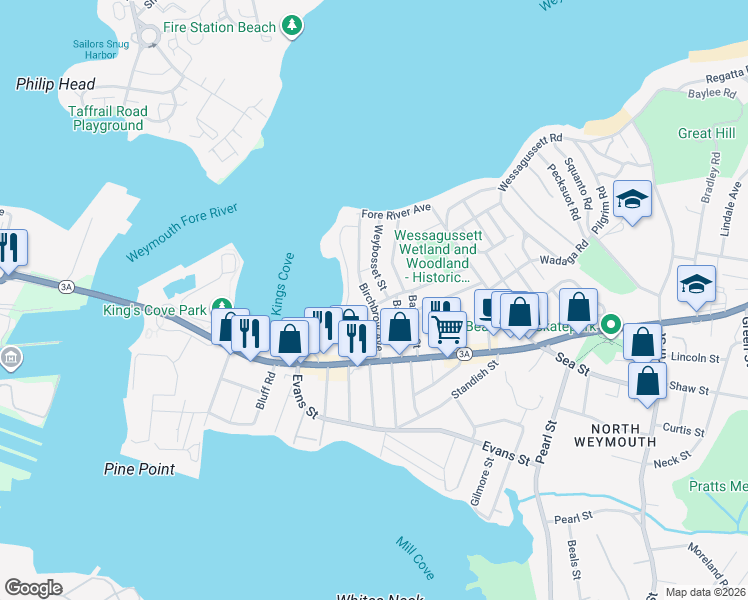 map of restaurants, bars, coffee shops, grocery stores, and more near 95 Babcock Avenue in Weymouth