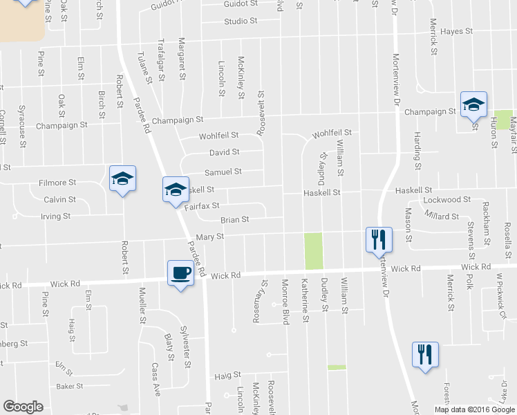 map of restaurants, bars, coffee shops, grocery stores, and more near 22159 Fairfax St in Taylor