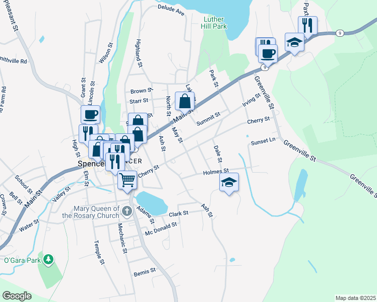 map of restaurants, bars, coffee shops, grocery stores, and more near 56 Cherry Street in Spencer