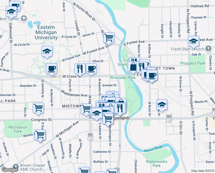 map of restaurants, bars, coffee shops, grocery stores, and more near 217 North Washington Street in Ypsilanti