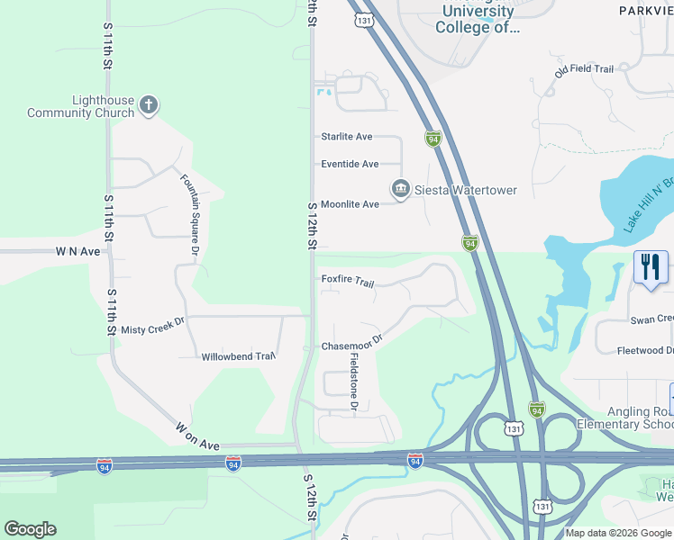 map of restaurants, bars, coffee shops, grocery stores, and more near 4764 Foxfire Trail in Portage