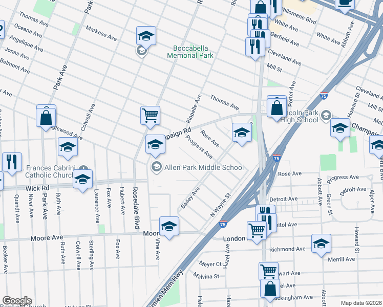 map of restaurants, bars, coffee shops, grocery stores, and more near 2316 Detroit Avenue in Lincoln Park