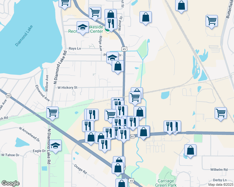 map of restaurants, bars, coffee shops, grocery stores, and more near 1526 Lakeridge Court in Mundelein